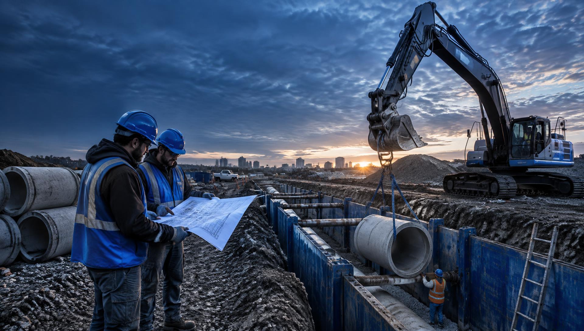 Utility contractors reviewing plans beside an excavator and storm pipe installation